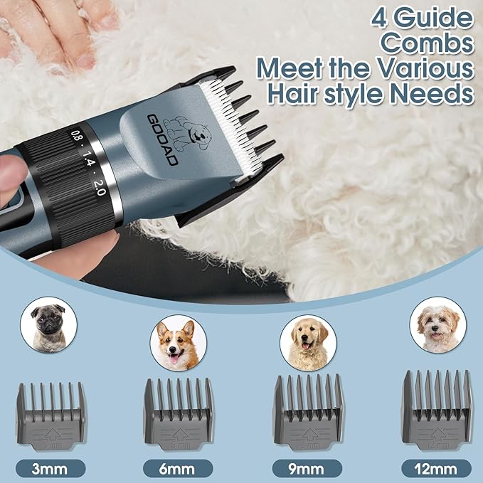 Dog Clippers Grooming Kit for Thick Hair&Coats -4 in 1Low Noise -Rechargeable-Cordless Quiet Paw Trimmer Nail Grinder, Dog Trimmer Grooming,Pet Hair Shaver for Small and Large Dogs Cats