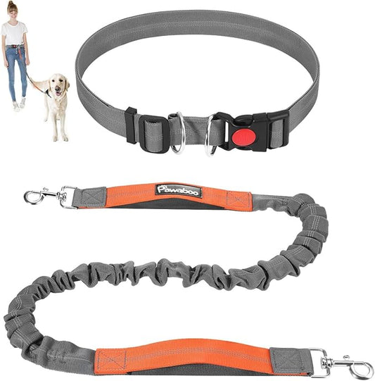 Pawaboo Hands-Free Dog Leash with Waist Belt, Elastic Dog Waist Leash with Wider Belt, Reflective Dog Running Belt Absorbing Shock, Durable Padded Handle Bungee Leash for Dogs (25-150 lbs, Grey)