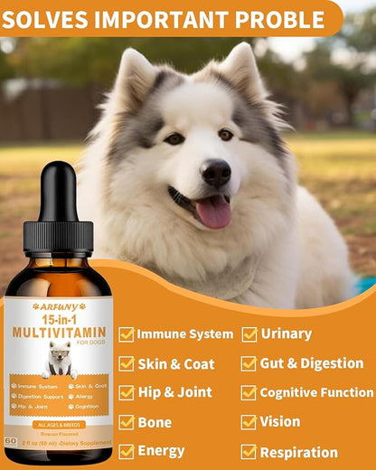 15 in 1 Multivitamin for Dogs | 60ML Dog Multivitamin Liquid Support Joint, Gut & Immune Health | Dog Liquid Vitamins for Digestion, Heart, Skin & Coat | Vitamin Supplements for Dogs | Bacon Flavor