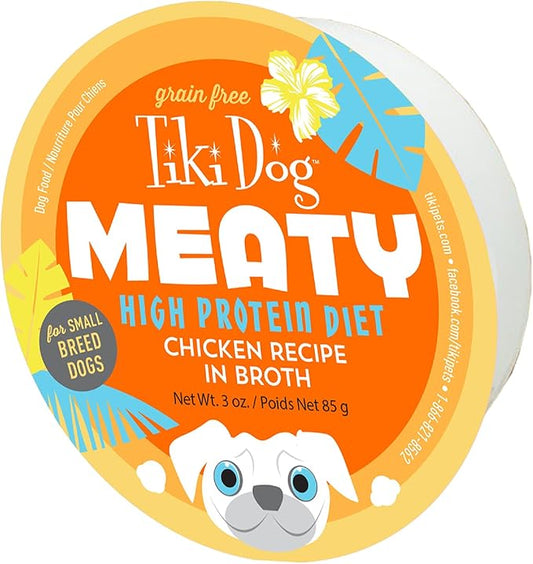 Tiki Dog Meaty – Grain Free High Protein Wet Dog Food Chicken Recipe in Broth, 4 cans, 3 oz, NO Color