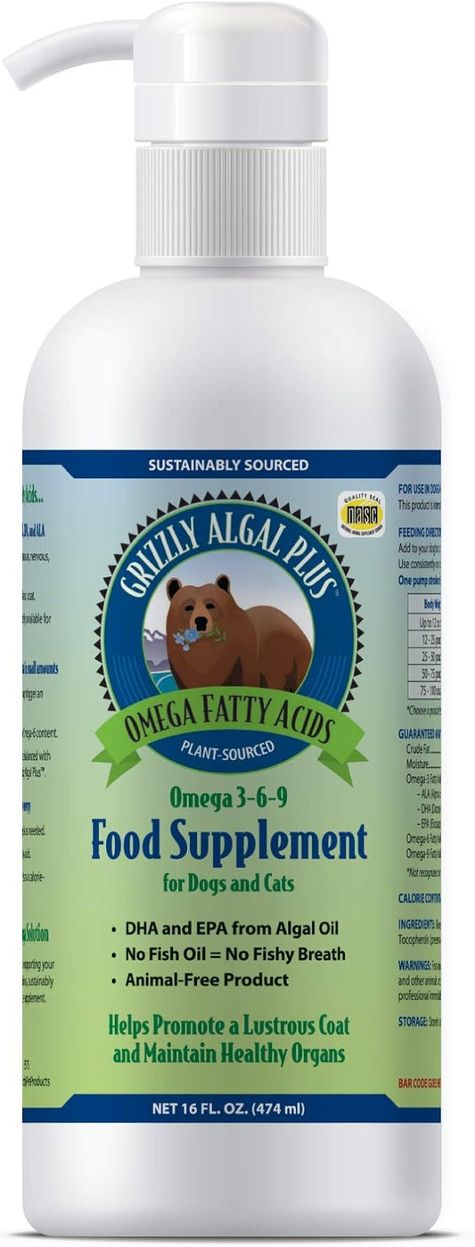 Grizzly Algal Plus Omega Fatty Acids Supplement for Dogs & Cats, 16 Fl Oz - Vegan, Plant-Sourced & Made in USA Algal Oil Omega 3-6-9, Healthy Skin & Coat