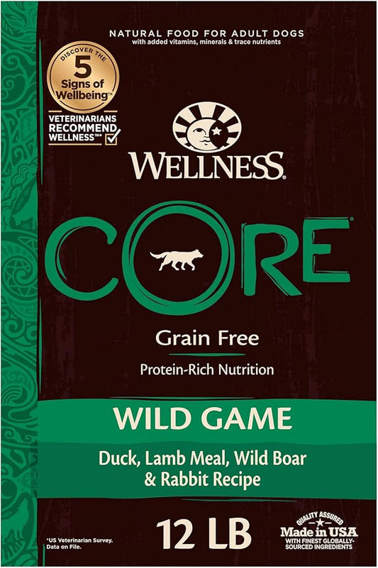 Wellness CORE Grain-Free High-Protein Dry Dog Food, Natural Ingredients, Made in USA with Real Meat, All Breeds, For Adult Dogs (Wild Game Duck, Lamb Meal, Boar & Rabbit, 12-Pound Bag)