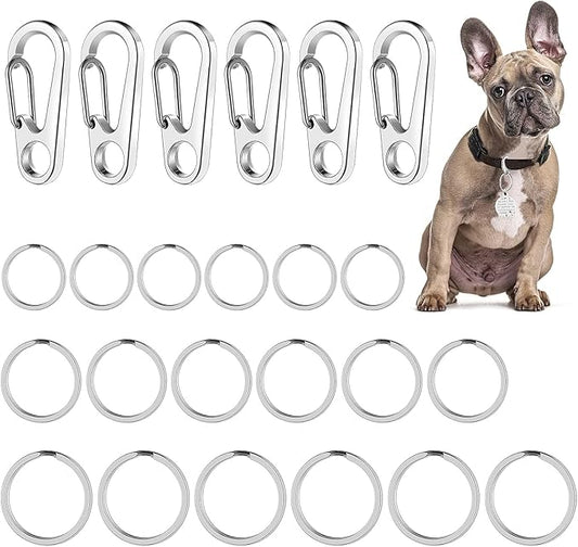 Dog Tag Clips with Keychains, Durable Dog ID Tag with Tag Rings Stainless Steel Pet Tag Clip for Large Dogs Collar Harnesses 1.3 x 0.6 in 6 Clips 18 Rings