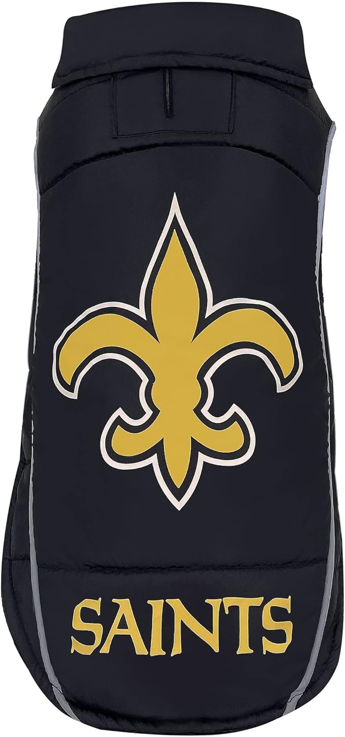 NFL New Orleans Saints Puffer Vest for Dogs & Cats, Size Medium. Warm, Cozy, and Waterproof Dog Coat, for Small and Large Dogs/Cats. Best NFL Licensed PET Warming Sports Jacket