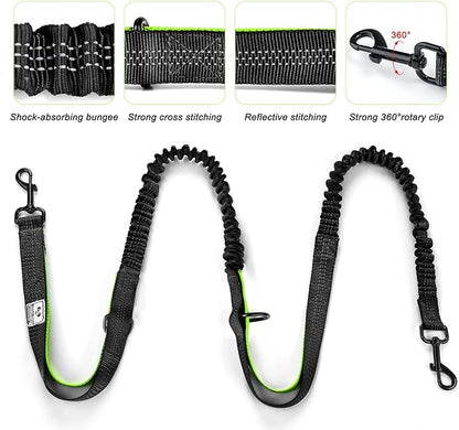 SHINE HAI Retractable Hands Free Dog Leash with Dual Bungees for 2 Dogs, Adjustable Waist Belt, Reflective Stitching Leash for Running Walking Hiking Jogging Biking Black - Green