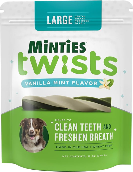 Minties Dental Twists for Dogs, Vet-Recommended Vanilla-Flavored Dental Chews, Dental Treats Clean Teeth, Fight Bad Breath and Removes Plaque and Tartar, Green, 12 Ounce (Pack of 1)
