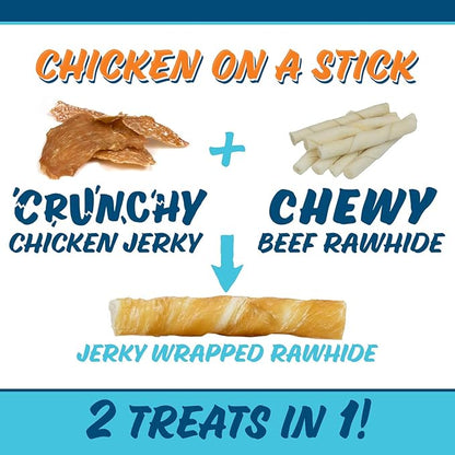 Chicken On A Stick Crunchy & Chewy Chicken Jerky Wrapped Rawhides for Dogs, Made in The USA Dog Treats, 2 in 1 Treat for Toy to Small Dogs 75 Ct