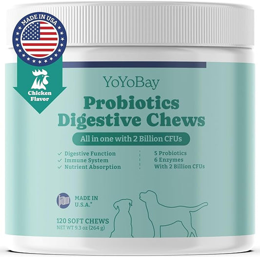 Probiotics for Dogs, Dog Probiotics and Prebiotic with Enzymes, for Gut and Digestive Health, Support Immune System, Chicken Flavor, 120 Soft Chews