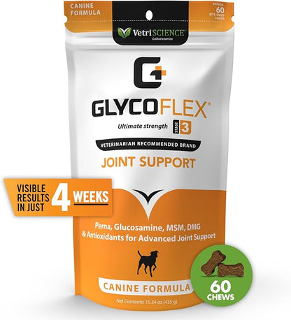 VetriScience Glycoflex 3 Clinically Proven Hip and Joint Supplement for Dogs - Maximum Strength Dog Supplement with Glucosamine, MSM, Green Lipped Mussel & DMG - 60 Chews, Chicken Flavor