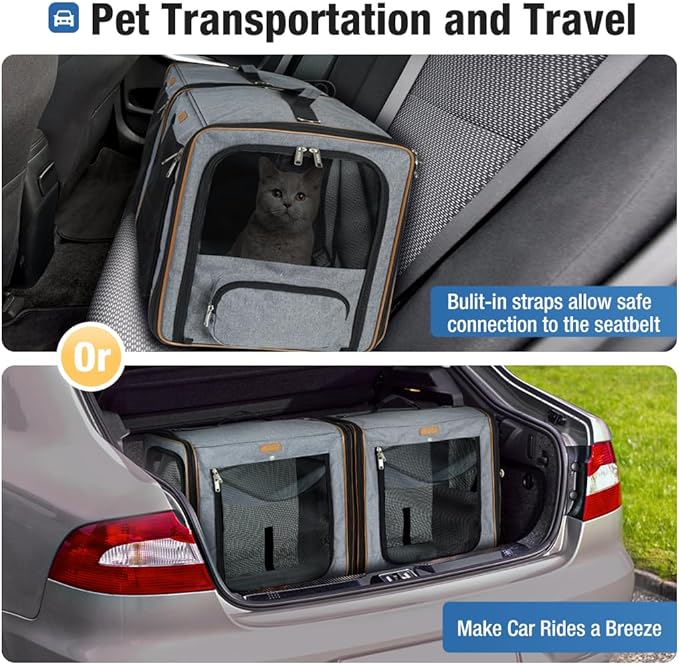 Lekereise 2-in-1 Cat,Dog Carrier for Small Medium Large Pets up to 45 Lbs, (20.85"*2)*19.7"*19.7" Car Travel Carrier with Litter Box, Bowl, and Locking Zipper - Dark Gray