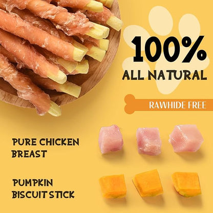 ASMPET Dog Treats Chicken Jerky Wrapped Pumpkin Biscuits Stick, Soft Chewy Rawhide Free Dog Treats High Protein Rich Fiber, Real Chicken Wrap Training for Small Medium Large Dogs, 10.6oz