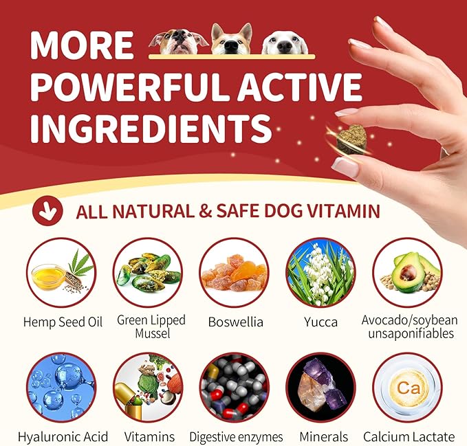 Glucosamine for Dogs, Joint Supplement for Dogs with Chondroitin, MSM, Omega-3, Hemp for Pain Relief, Hip and Joint Chews for Dogs with Calcium for Bone Health, 120 Soft Chews