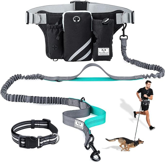SHINE HAI Retractable Hands Free Dog Leash with Dual Bungees for Dogs, Adjustable Waist Belt Bag, Reflective Stitching Leash for Running Walking Hiking Jogging Biking (for 1 Dog)