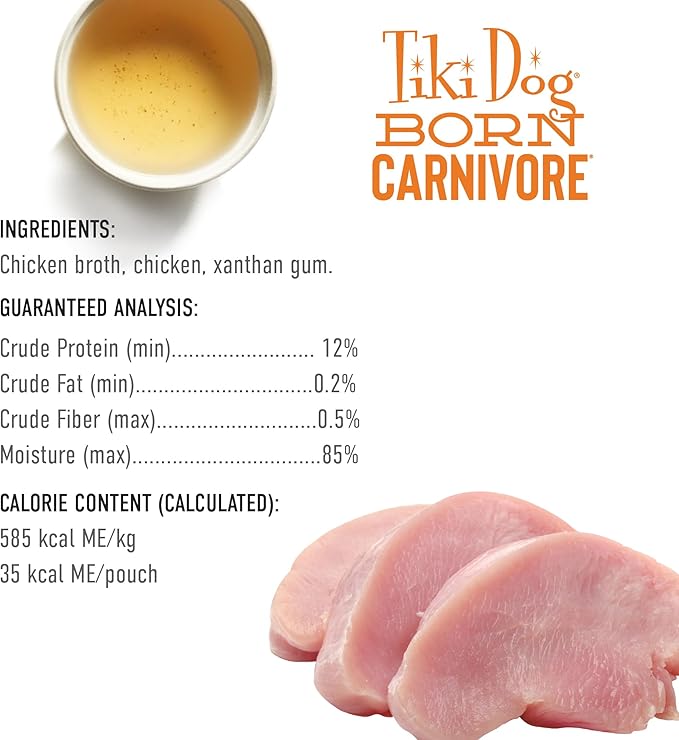 Tiki Dog Born Carnivore Protein Booster Dog Food Topper, Chicken Recipe in Broth, 2.1 oz. Pouch (12 Count)
