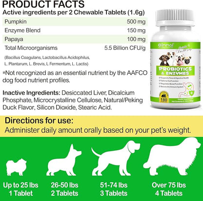 Probiotics for Dogs, 180 Tablets Dog Probiotic for Gut Health with Enzyme Blends & Prebiotic, Pet Health Supplement Probiotic Supports Digestive Health, Immune System Booster - Peking Duck Flavour