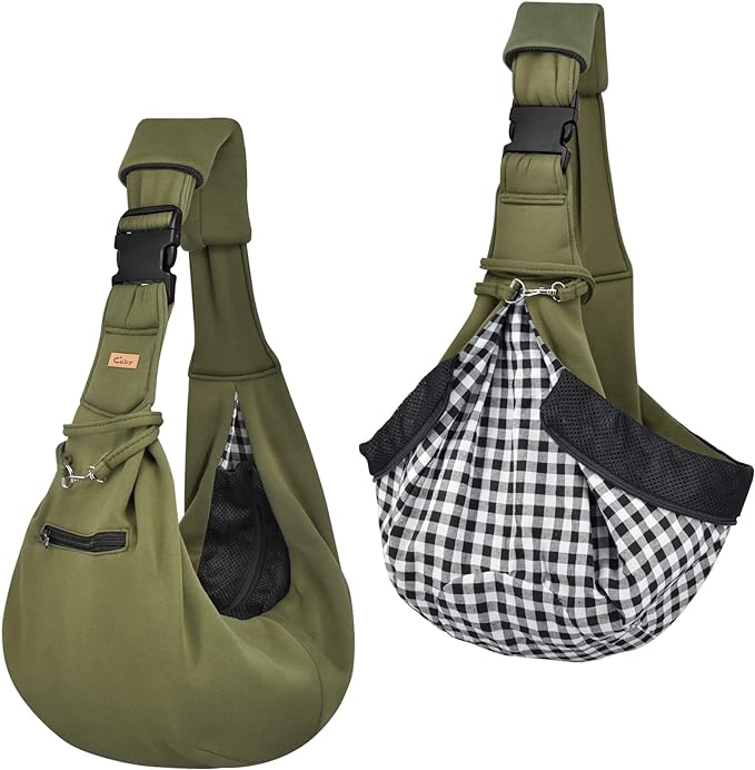 CUBY Dog and Cat Sling Carrier - Hands Free Reversible Pet Papoose Bag - Soft Pouch and Tote Design - Suitable for Puppy, Small Dogs Cats Outdoor (Green, Adjust strap 2.0)