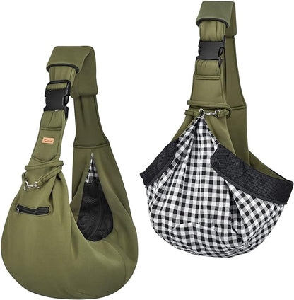 CUBY Dog and Cat Sling Carrier - Hands Free Reversible Pet Papoose Bag - Soft Pouch and Tote Design - Suitable for Puppy, Small Dogs Cats Outdoor (Green, Adjust strap 2.0)