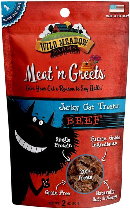 Wild Meadow Farms - Cat Treats - Meat 'N Greets - Soft Jerky Treats with Real Meat, High Protein, Grain-Free, Perfect for Training & Rewarding, All Natural Snacks for Cats - Beef Flavor