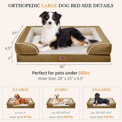 Large Dog Beds Waterproof, Orthopedic Dog Beds for Large Sized Dogs, Comfy Pet Bed Sofa with Washable Removable Cover & Non-Slip Bottom(Large,Khaki)