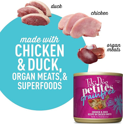 Tiki Dog Petites Grain Free Wet Dog Food, Chicken & Duck, Nutrient Dense Meat, for All Ages and Breeds, 9 oz Can, Pack of 8