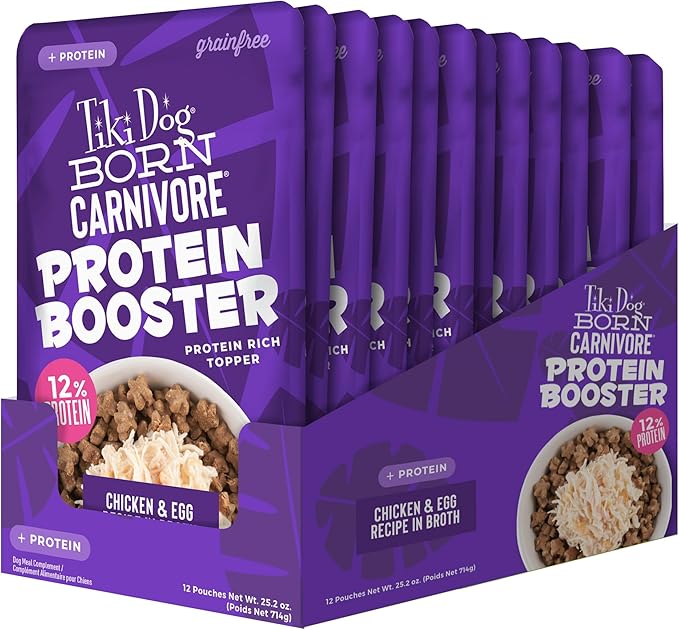 Tiki Dog Born Carnivore Protein Booster Dog Food Topper, Chicken and Egg Recipe in Broth, 2.1 oz. Pouch (12 Count)