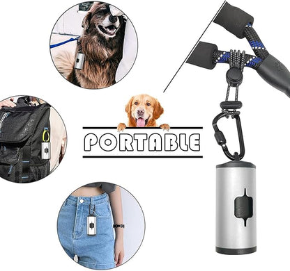 Metal Dog Poop Bags Holder Aluminum Poo Bags Dispenser with 15 Black Unscented Pet Waste Bags and 3 Leash Accessories for Dog Walking(1 Holder 15 Bags,Silver)
