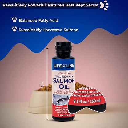 Life Line Pet Nutrition Wild Alaskan Salmon Oil Omega-3 Supplement for Skin & Coat – Supports Brain, Eye & Heart Health in Dogs & Cats, 8oz