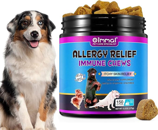 Dog Allergy Relief-Dog Allergy Chews (150 Soft Chews)- Itch Relief for Dogs, Omega 3 Fish Oil + Pumpkin Enzymes + DHA for Dogs, Seasonal Allergies + Anti Itch + Hot Spots.