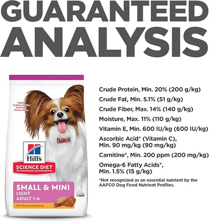 Hill's Science Diet Light , Adult 1-6, Small & Mini Breeds Weight Management Support, Dry Dog Food, Chicken & Barley, 15.5 lb Bag