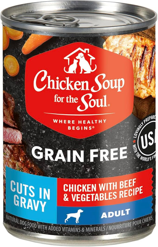 Chicken Soup for the Soul Pet Food Grain-Free Wet Dog Food, Chicken with Beef & Vegetables Cuts in Gravy, 13 Ounce Can (Pack of 12) Soy, Corn & Wheat Free, No Artificial Flavors or Preservatives