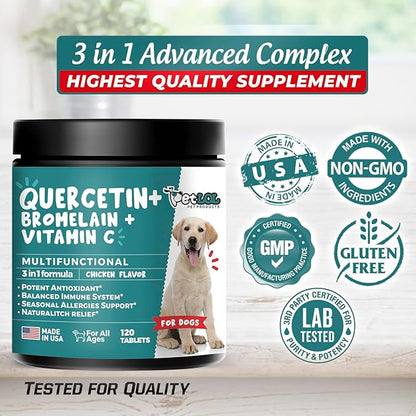 Quercetin for Dogs with Bromelain and Vitamin C | 3-in-1 Supplement for Dog Allergies, Immune Support, Itch Relief, Promote Inflammatory Relief & Antioxidant Activity | 120 Chewable Tablets