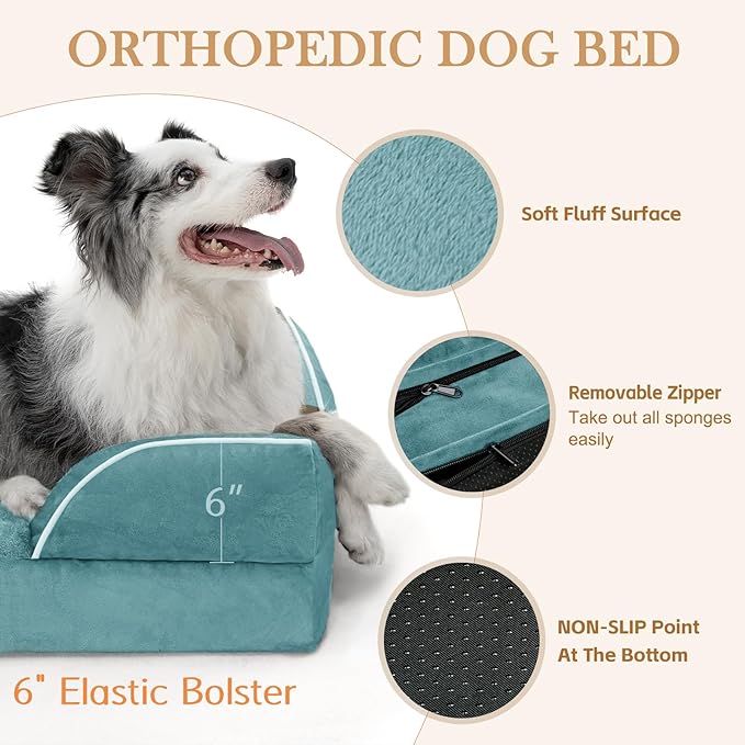 XXL Waterproof Orthopedic Dog Bed for Extra Large Dogs, Orthopedic Foam Dog Sofa Bed with Washable Removable Cover & Non-Slip Bottom(XX-large,Washed Blue)