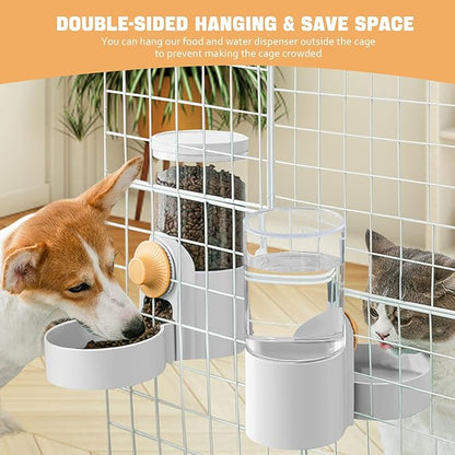Hanging Cage Automatic Small Pet Food Bowl Water Bottle Dispenser, 1L Auto Gravity Pet Feeder and Waterer Set Kennel Feeding Station Crate Feeder Dish for Puppy Cats Rabbit Ferret (White)