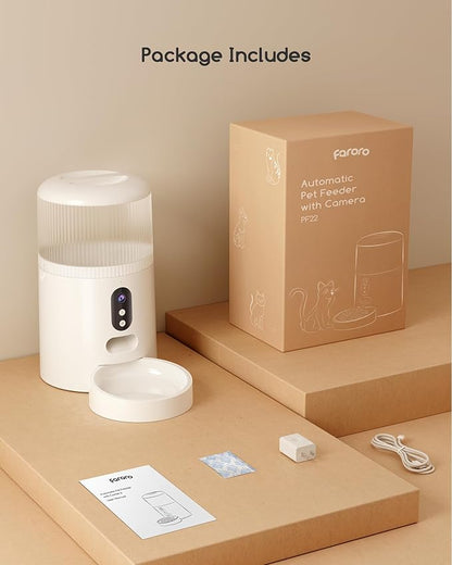 Faroro Automatic Cat Feeder with Camera, 3MP HD Video with Night Vision, 2.4G WiFi Cat Feeder with APP Control, 2-Way Audio, Low Food Sensor, Motion Alerts for Cats and Dogs