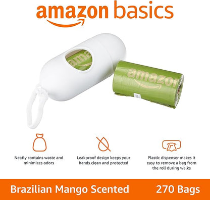 Amazon Basics Dog Poop Bags With Dispenser and Leash Clip, Brazilian Mango Scented, 270 Count, 18 Pack of 15, 13 Inch x 9 Inch