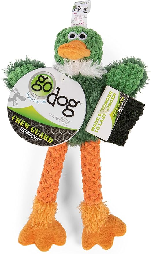 goDog Checkers Just for Me Skinny Duck Squeaky Plush Dog Toy, Chew Guard Technology - Green, Mini