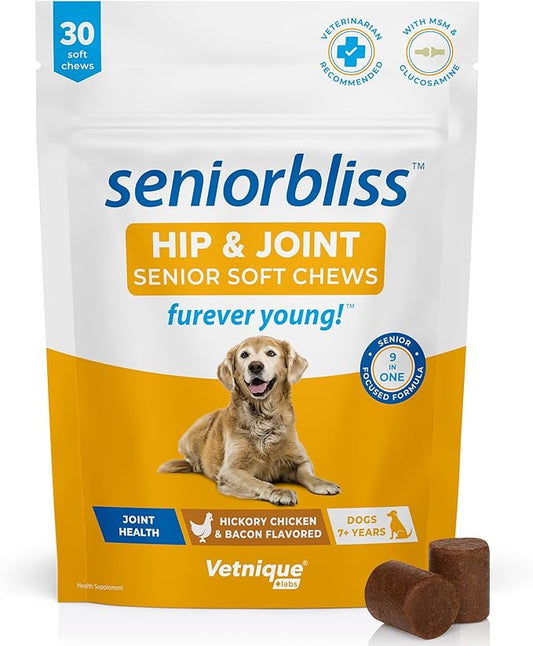 Vetnique Seniorbliss Senior Dog Joint Supplement with Glucosamine and Chondroitin for Dogs Joint Support and Healthy Cartilage Development - for Small & Large Breeds (Hip & Joint Chew, 30ct)