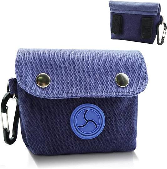 Dog Poop Bag Holder, Portable Dog Poop Bag Dispenser with 1 Metal Clip, Blue Button Canvas Poop Pag Polders for Leashes