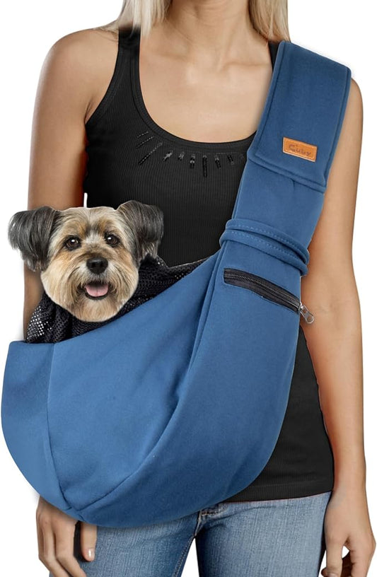 CUBY Dog and Cat Sling Carrier - Small Dog Carrier Sling with Adjust Strap & Zip Pocket, Hands Free Soft Dog Slings for Small Dogs Cats Puppy Pets Outdoor Travel Safety Purse Bag (navy blue)
