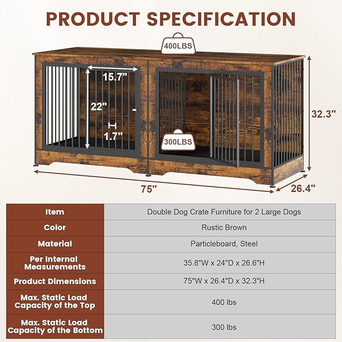 75 Inch 3-in-1 Large Double Dog Crate Furniture for 2 Dogs Durable Rustic Brown Dog Crate TV Stand with Trays and Divider