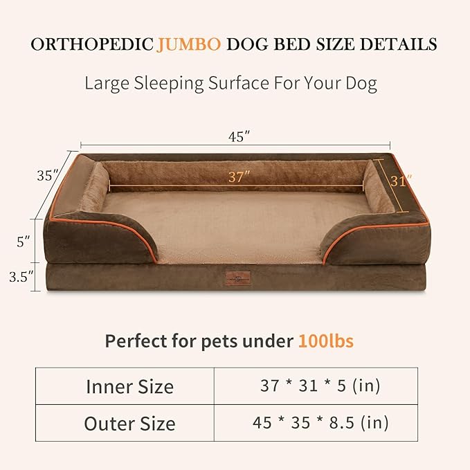 Cooling Dog Bed Memory Foam, Jumbo Dog Bed for Extra Large Dogs, Orthopedic Jumbo Breed Dog Bed, Waterproof Dog Bed with Bolster & Removable Cover(Jumbo,Khaki Brown)