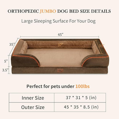 Cooling Dog Bed Memory Foam, Jumbo Dog Bed for Extra Large Dogs, Orthopedic Jumbo Breed Dog Bed, Waterproof Dog Bed with Bolster & Removable Cover(Jumbo,Khaki Brown)