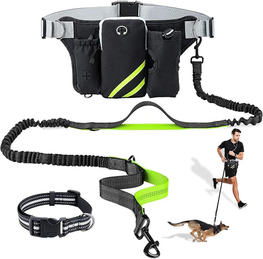 Retractable Bungee Hands Free Dog Leash with Zipper Pouch, Padded Waist Dog Leash, Dog Running Leash Handsfree with Dual Handles and Reflective Stitching for Walking Running Jogging Hiking, Waist Belt