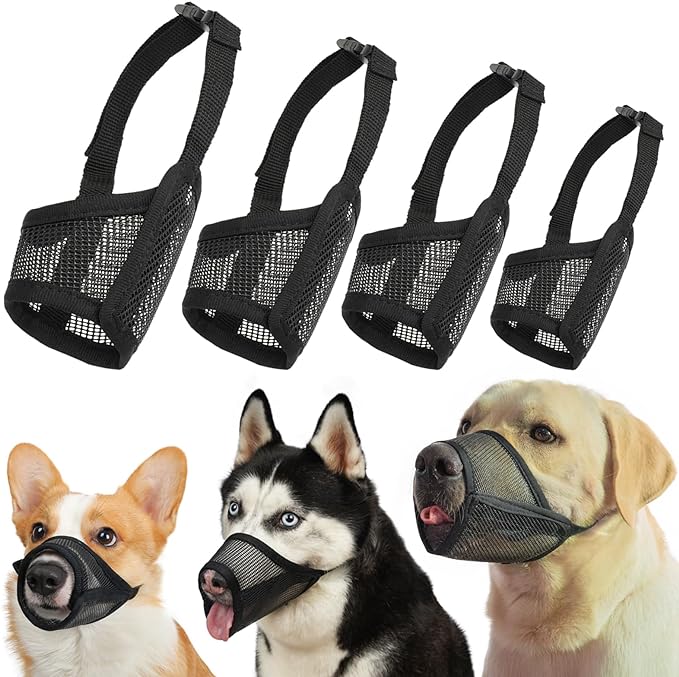 LUCKYPAW Dog Muzzle Suits for Small Medium Large Dogs, Mesh Muzzle Pack for Dogs Anti Biting Chewing, Breathable Dog Muzzle Sets with Adjustable Strap for Grooming Walking Vet Visiting(4 Pieces)