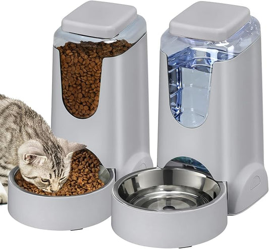 2 Pack Automatic Cat Feeder and Water Dispenser with Stainless Steel Dog Bowl Gravity Self Feeding for Small Medium Pets Puppy Kitten 1 Gallon x 2 (Pink) (grey)