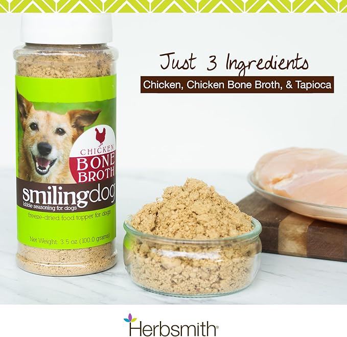 Herbsmith Bone Broth Kibble Seasoning – DIY Raw Coated Kibble Mixer - Freeze Dried Meat + Bone Broth Powder for Dogs - Healthy Dog Food Toppers - Chicken 3.5 oz [Bundle x4 Units]