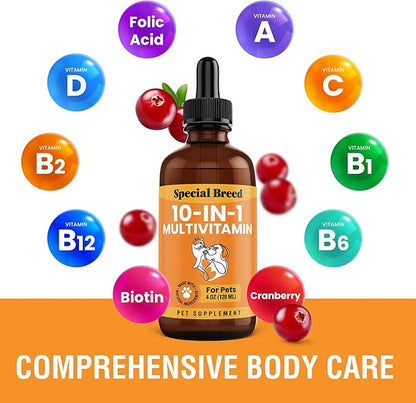 10-in-1 Liquid Multivitamin for Dogs and Cats, 4 Ounce Multi Vitamin Supplement, Vitamin for Dogs, Vitamins for Cats, with Glucosamine & Cranberry, 4 oz