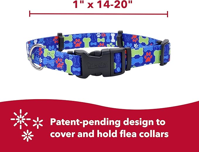 Coastal Pet SecureAway Flea Collar Protectors - Comfortable Dog Collar Accessory - Protective Flea Collar for Dogs - Adjustable Dog & Puppy Flea Collar Protection - Multi Bones, 1" x 14-20"
