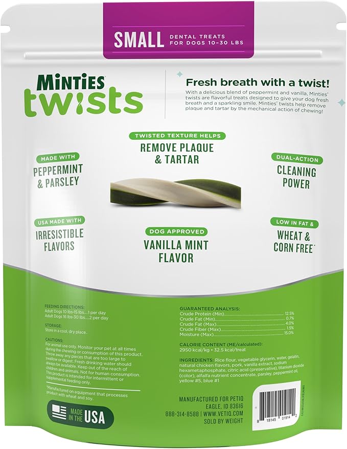 Minties Dental Twists for Dogs, Vet-Recommended Vanilla-Flavored Dental Chews for Tiny/Small Dogs 5-39 lbs, Dental Treats Clean Teeth, Fight Bad Breath, and Removes Plaque and Tartar, 12oz
