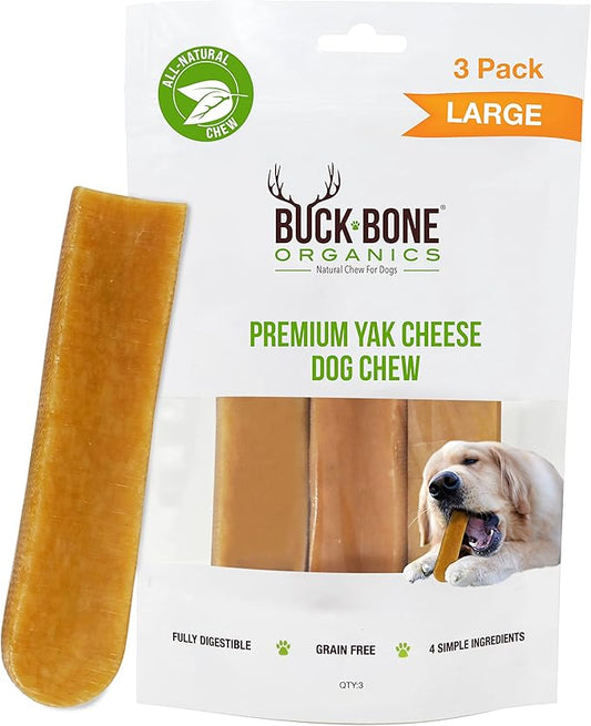 Buck Bone Organics Yak Cheese Chews for Dogs, All Natural Himalayan Yak Chew, Long Lasting Pet Treats, Odor Free, with Limited Ingredients (3 Large Sticks)